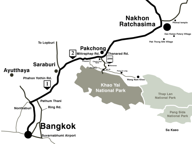 Road map from Bangkok to Pak Chong and Khao Yai